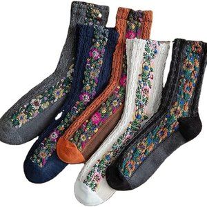Women's Floral Design Vintage Crew Socks Ethnic Jacquard Knit Set